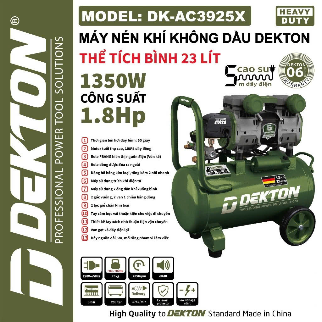 Máy Nén Khí Không Dầu 23L Dekton DK-AC3925X 1.8HP