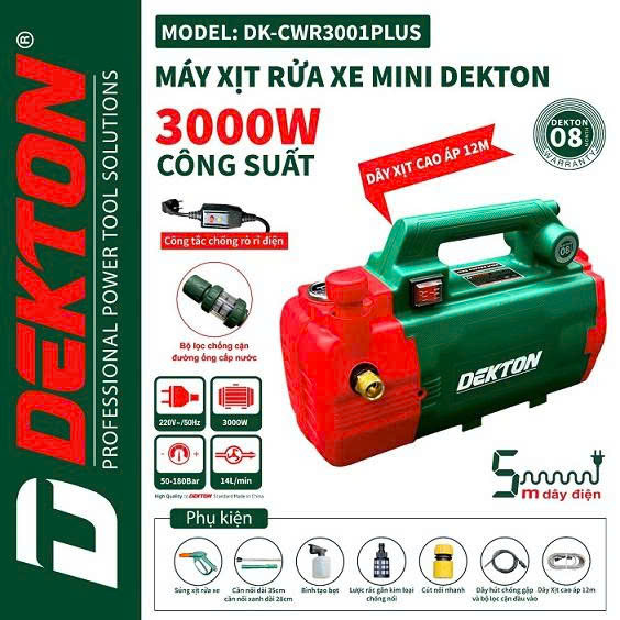 Máy Rửa Xe Chỉnh Áp 3000W Dekton DK-CWR3001PLUS (có chống giật)