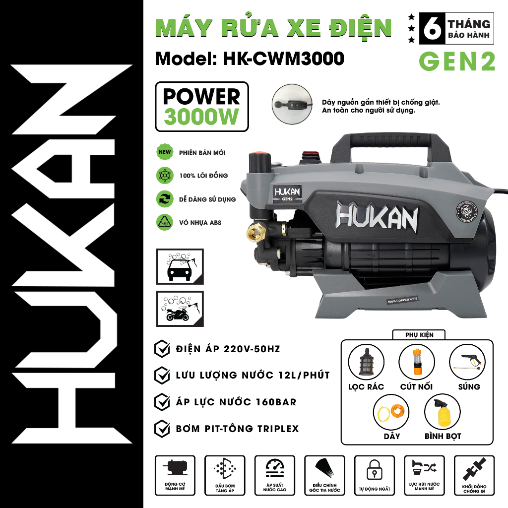 Máy Rửa Xe Chỉnh áp HUKAN HK-CWM3000 (có chống giật, công nghệ inventer mới)